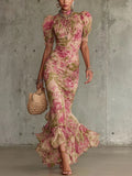 Jill - Abito lungo con stampa di rose vintage e maniche a sbuffo