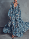 Grace - Abito lungo bohémien in chiffon floreale blu