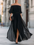 Annetta - Abito lungo in chiffon nero off-shoulder drappeggiato