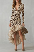 Lioraé – Abito midi con stampa leopardata e bordo arricciato