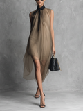 Beatrice - Abito smanicato in chiffon bicolore khaki e marrone, leggero e lussuoso