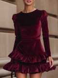 AURELIA | BURGUNDY VELVET RUFFLE DRESS