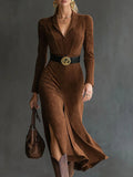 Felicity | Retro Western Style Lapel Faux Suede Slit Midi Dress (Includes belt)