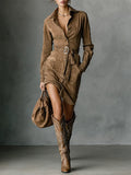 Marigold | Suede Single Breasted Lapel Long Sleeve Midi Dress (Includes belt)