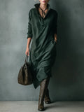 Isna | Green Loose Suede Lapel Long Sleeve Midi Dress