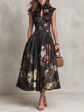 Rosie - Abito midi in raso nero floreale drappeggiato con scollo keyhole