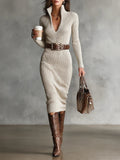 Delphino | Slim Fit Half Turtleneck V-Neck Long Sleeve Knitted Belted Midi Dress