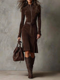 Roweno | Brown Vintage Zipper Belted Midi Dress (Includes belt)