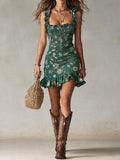 Ava - Minidress bohémien verde a fantasia con volant